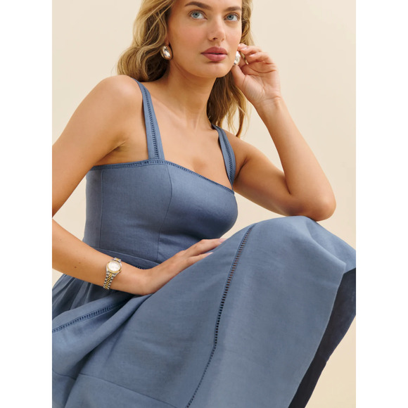 Reformation Everett Square-Neck Linen Midi Dress US 6 - Picture 2 of 11